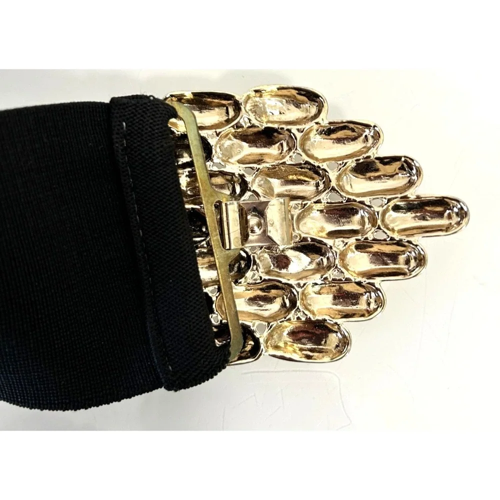 Vintage 80s Black Wide Elastic Waist Belt L Retro Glam Gold Basketweave Buckle